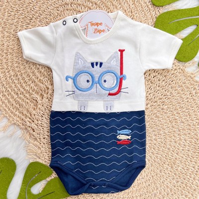 Kit 3 Peças - Bodys Manga Curta Gatinho com Peixinhos - Off White e Marinho